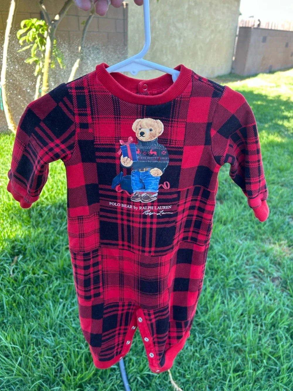 Ralph Lauren Red and Black Plaid Baby Romper with Polo Bear